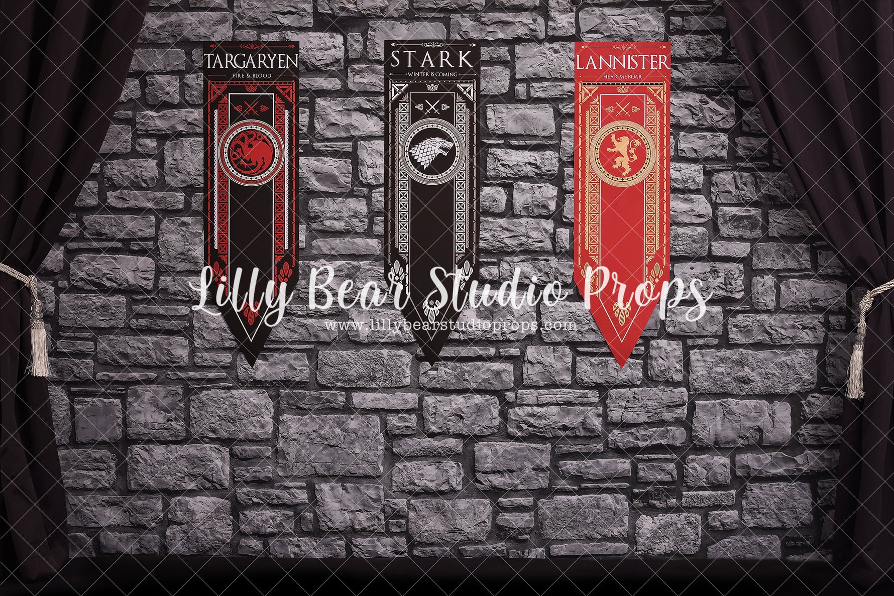 The Major Houses - Lilly Bear Studio Props, candles, castle, cobblestone, curtains, dragon, dragon eggs, FABRICS, fur, game of thrones, GOT, iron throne, lannister, stark, sword throne, swords, targaryan, throne, weirwood tree