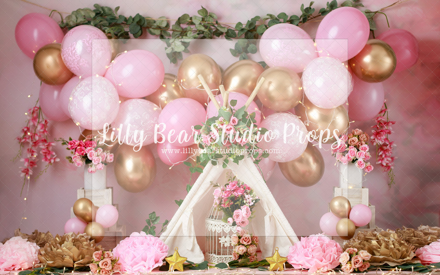 The Pink Roses - Lilly Bear Studio Props, blooming flowers, blush roses, bright flowers, cake smash, flowers, gold, gold balloons, gold palms, leaves, pink and gold balloons, pink balloons, pink flowers, pink roses, roses, spring flowers, tent