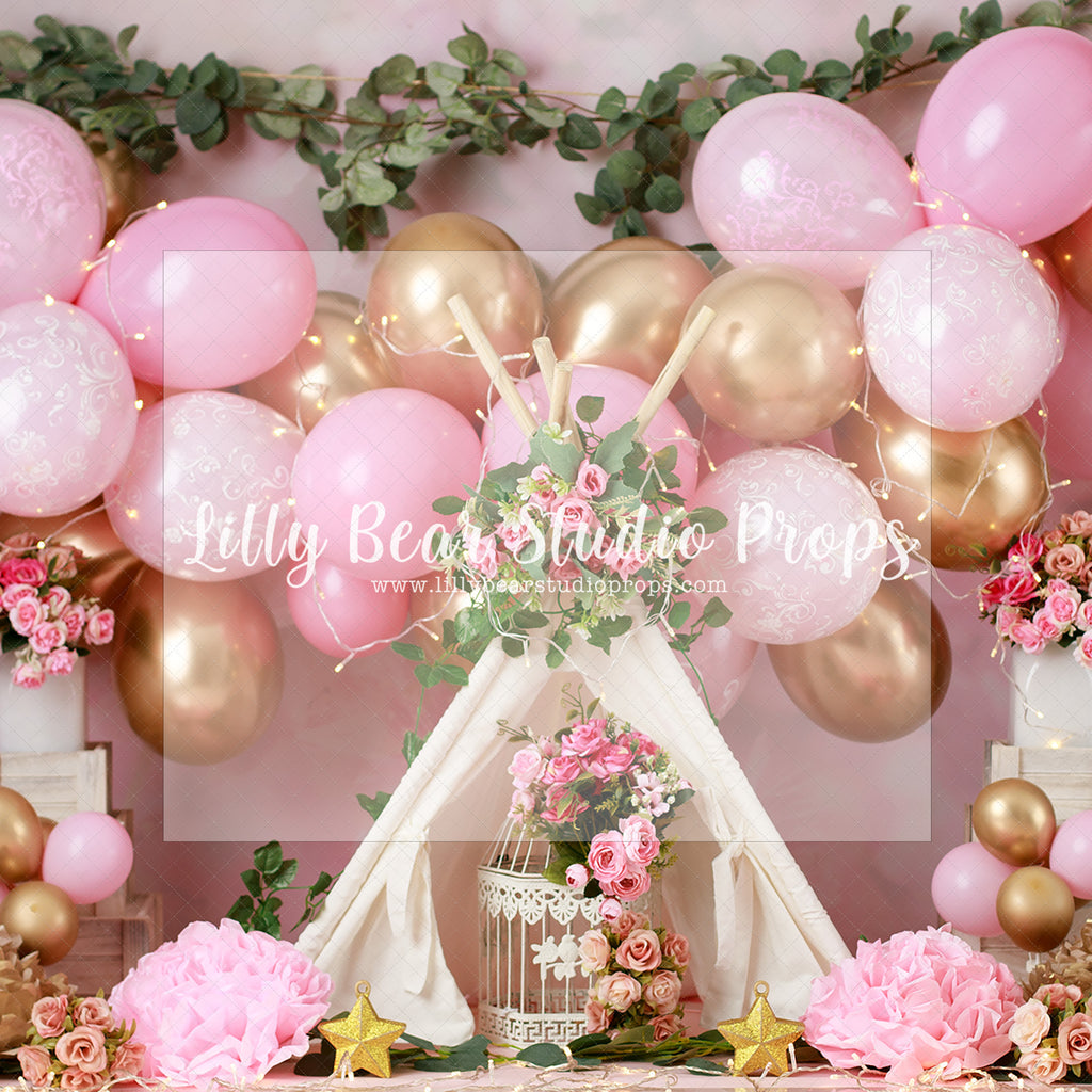 The Pink Roses - Lilly Bear Studio Props, blooming flowers, blush roses, bright flowers, cake smash, flowers, gold, gold balloons, gold palms, leaves, pink and gold balloons, pink balloons, pink flowers, pink roses, roses, spring flowers, tent
