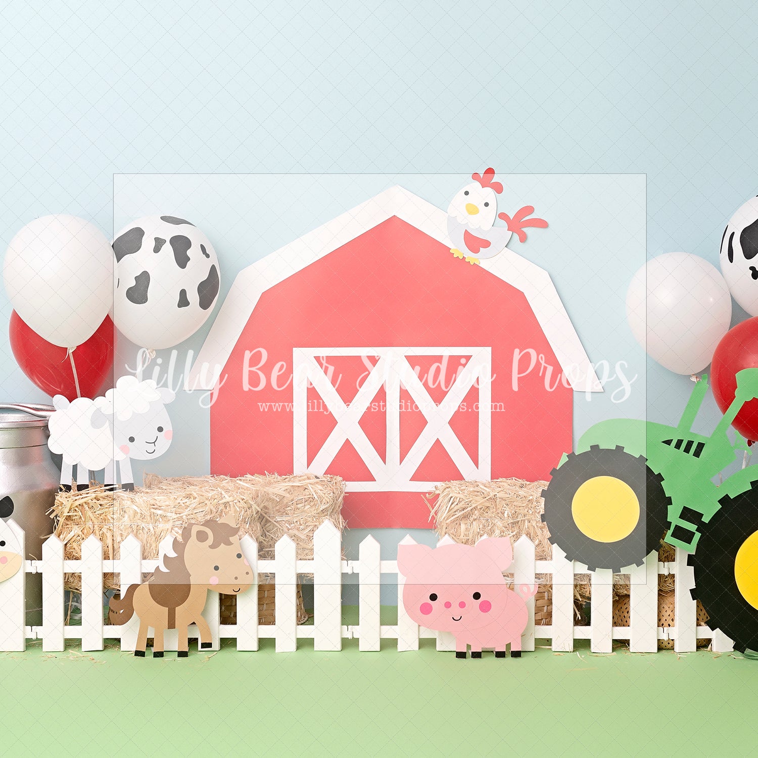 Friendly Farm Friends - Lilly Bear Studio Props, barn wood, barnyard animals, cow, Fabric, girls, pig, red barn, sheep, spring barn, tractor, tree farm, Wrinkle Free Fabric