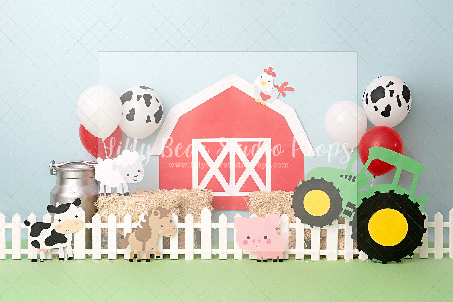 Friendly Farm Friends - Lilly Bear Studio Props, barn wood, barnyard animals, cow, Fabric, girls, pig, red barn, sheep, spring barn, tractor, tree farm, Wrinkle Free Fabric