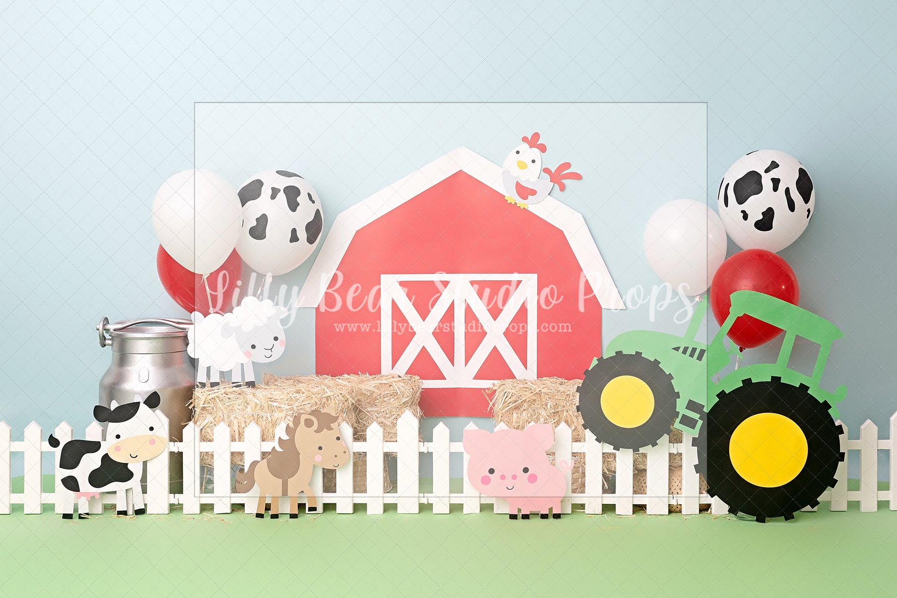 Friendly Farm Friends - Lilly Bear Studio Props, barn wood, barnyard animals, cow, Fabric, girls, pig, red barn, sheep, spring barn, tractor, tree farm, Wrinkle Free Fabric