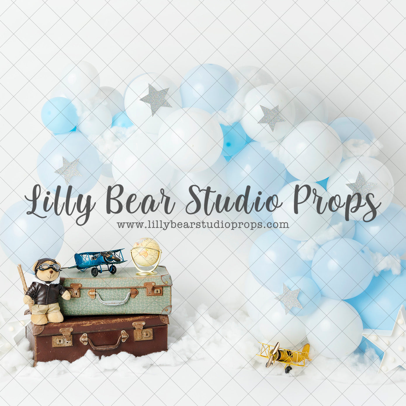 Thomas the teddy takes flight - Lilly Bear Studio Props, aviation, aviator, balloon garland, boho, boho garland, boho teddies, boho teddy, cloud swing, clouds, how times flies, oh how time flies, oh where does the time go, planes, suit case, swing, teddies, teddy bear picnic, teddy bears, time flies, up up and away