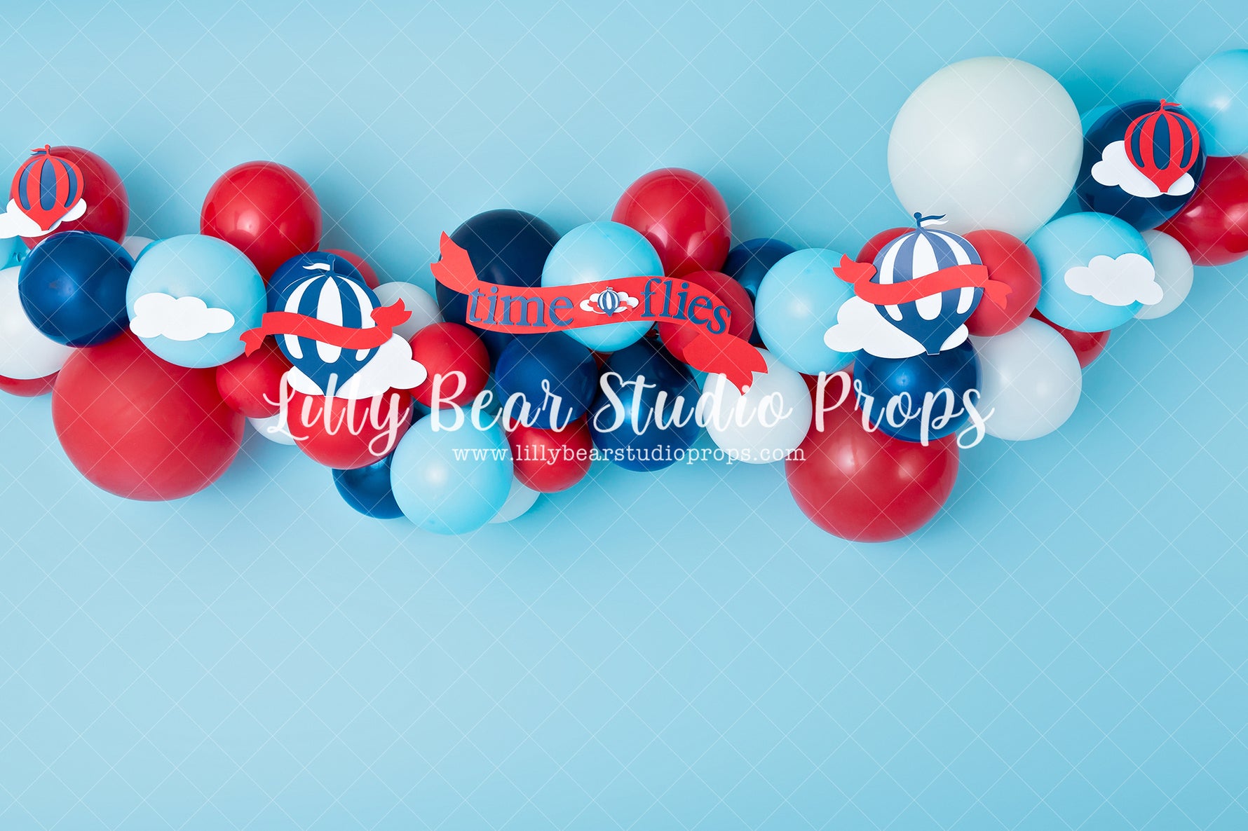 Time Flies Garland - Lilly Bear Studio Props, airplane, airplane balloons, airplane garland, airplane one, airplanes, all stars, balloon, balloon arch, balloon garland, blue balloons, clouds, clouds and stars, navy balloons, ONE, puffy clouds, red balloons, red star, red stars, travel, traveller, white balloons