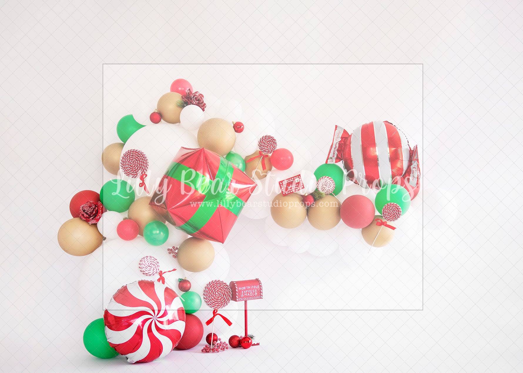 Traditional Xmas Garland - Lilly Bear Studio Props, balloon arch, cake smash, candy cane, candy cane stand, christmas balloon garland, christmas balloons, santa, santa candy cane, santa mail, santa presents, santa shop, spring flowers, white balloon arch, white balloons