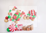 Traditional Xmas Garland with boxes - Lilly Bear Studio Props, balloon arch, cake smash, candy cane, candy cane stand, christmas balloon garland, christmas balloons, santa, santa candy cane, santa mail, santa presents, santa shop, spring flowers, white balloon arch, white balloons