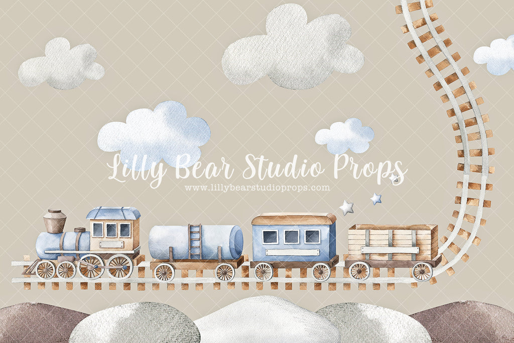 Choo Choo Away - Lilly Bear Studio Props, baby train, choo choo train, clouds, Fabric, toy train, train, train tracks, vintage, Wrinkle Free Fabric