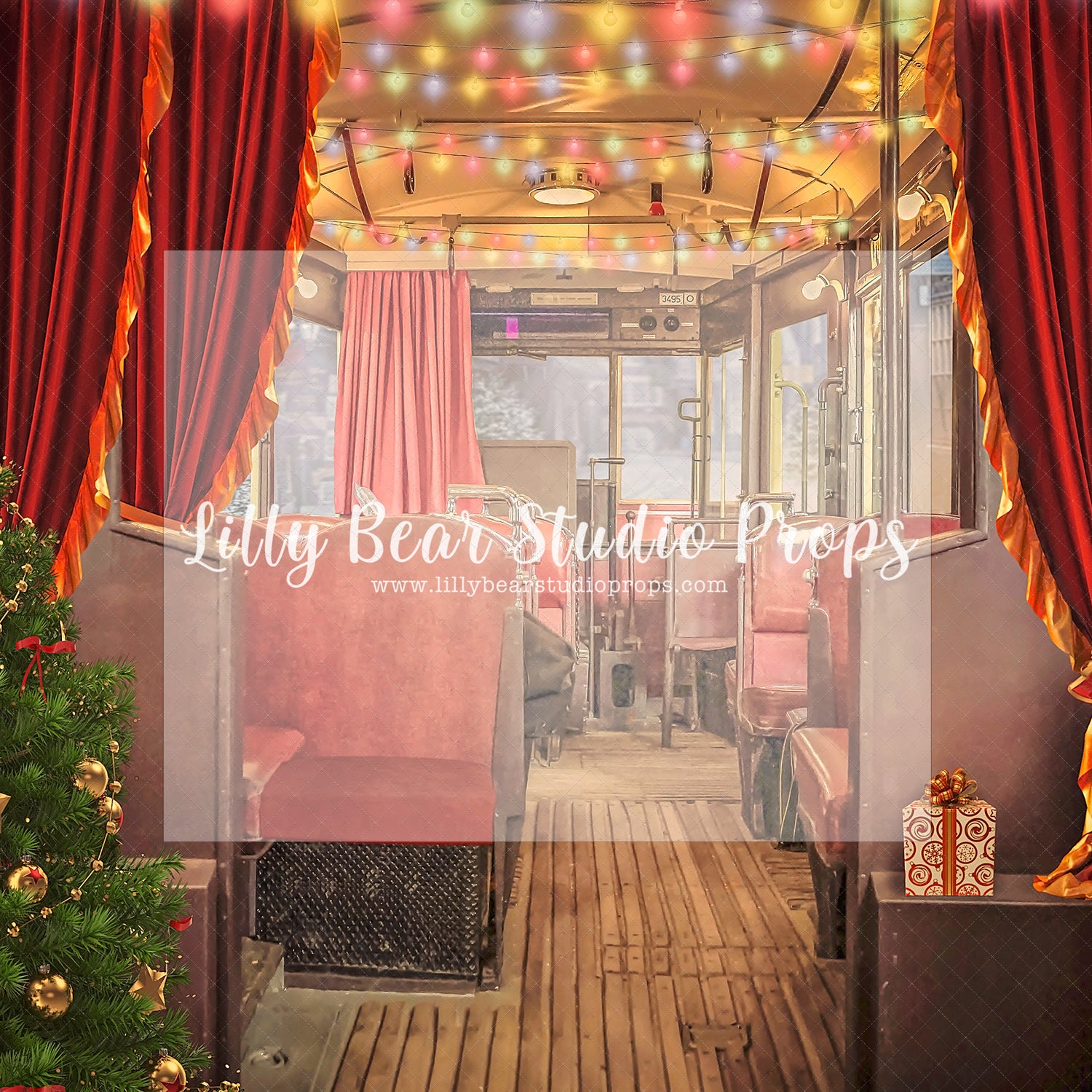 Tram Car Christmas - Lilly Bear Studio Props, christmas, Cozy, Decorated, Festive, Giving, Holiday, Holy, Hopeful, Joyful, Merry, Peaceful, Peacful, Red & Green, Seasonal, Winter, Xmas, Yuletide
