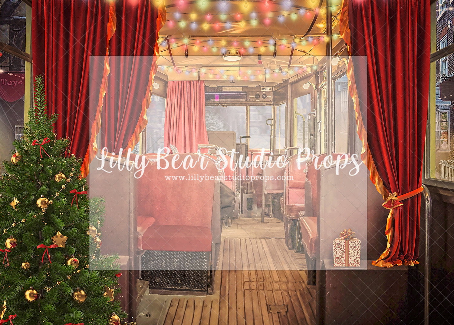Tram Car Christmas - Lilly Bear Studio Props, christmas, Cozy, Decorated, Festive, Giving, Holiday, Holy, Hopeful, Joyful, Merry, Peaceful, Peacful, Red & Green, Seasonal, Winter, Xmas, Yuletide