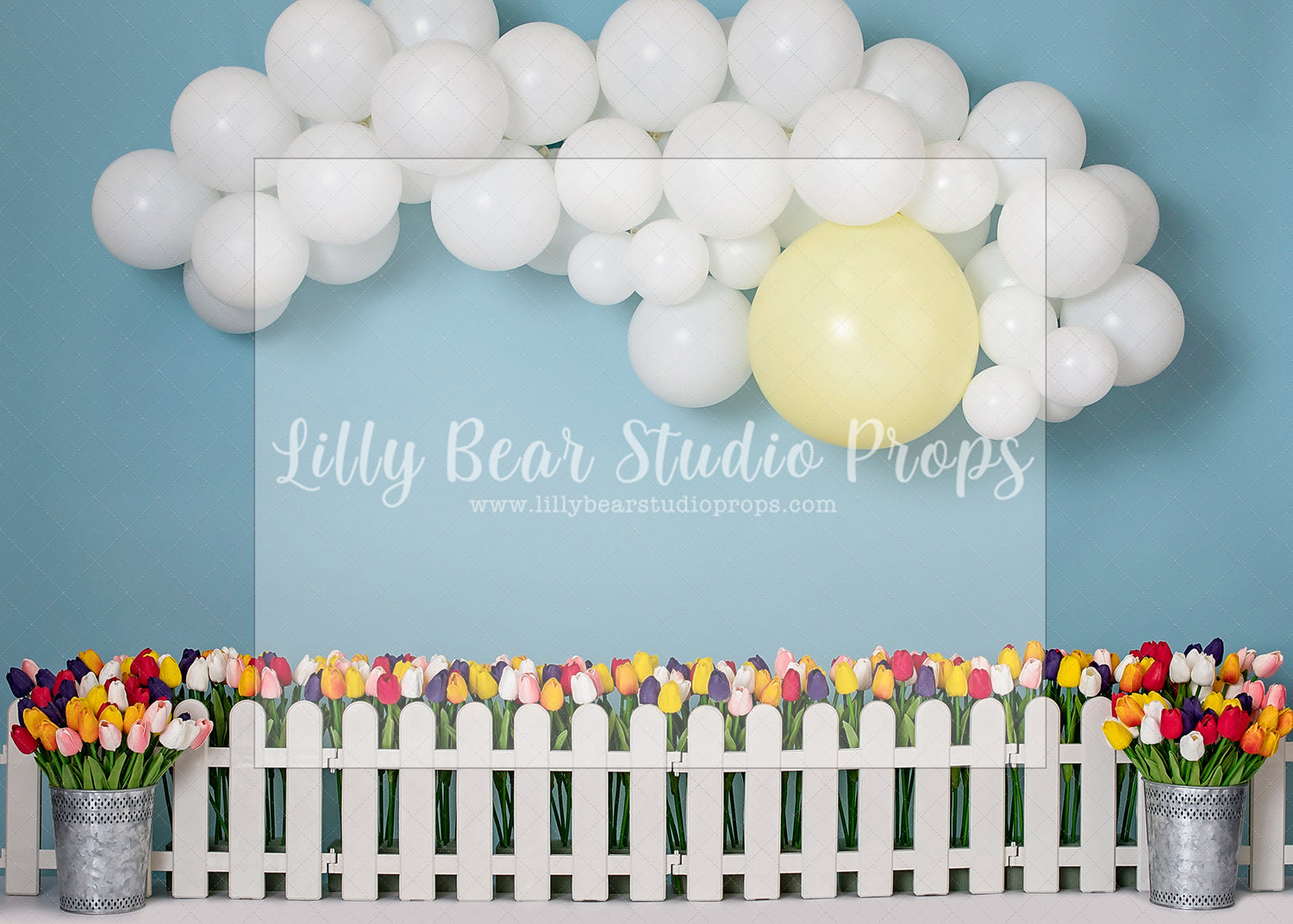 Tulip Fence and Balloon Clouds - Lilly Bear Studio Props, balloon clouds, boho spring, FABRICS, flower barn doors, flower garden, flowers, spring, spring garden, tulips
