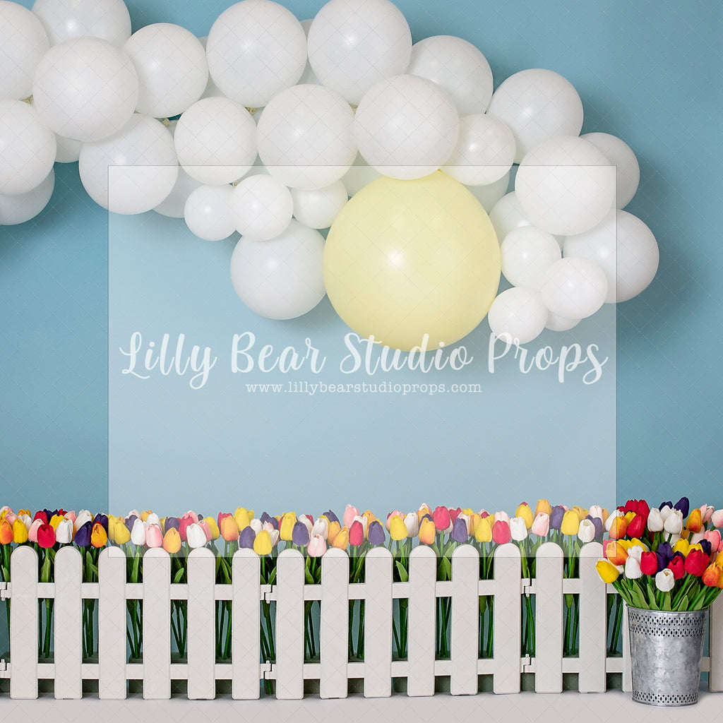 Tulip Fence and Balloon Clouds - Lilly Bear Studio Props, balloon clouds, boho spring, FABRICS, flower barn doors, flower garden, flowers, spring, spring garden, tulips
