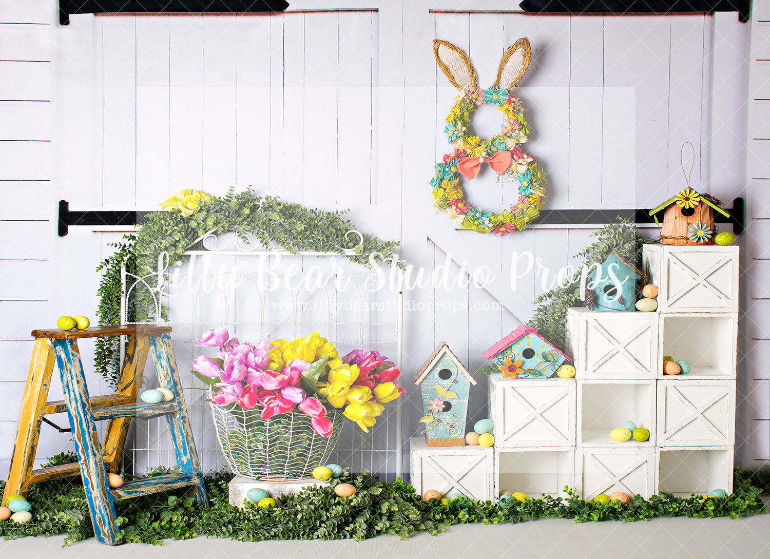 Tulips and Tweets 1 - Lilly Bear Studio Props, boho spring, bunny, bunny garden, bunny one, bunny trail, easter, easter backdrop, easter bunny, FABRICS, flower barn doors, flower garden, flower stand, some bunny is one, spring, spring camper, spring garden