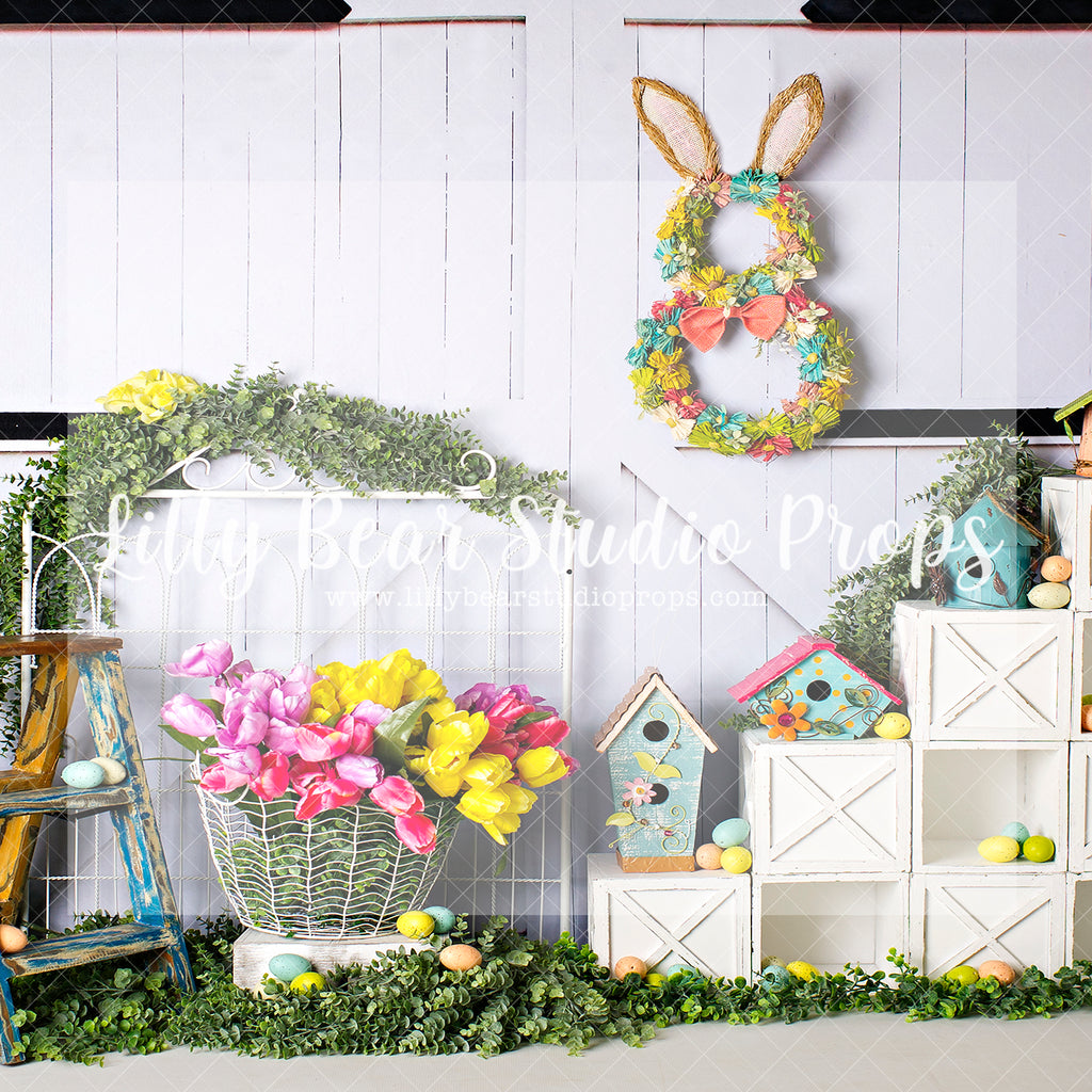 Tulips and Tweets 1 - Lilly Bear Studio Props, boho spring, bunny, bunny garden, bunny one, bunny trail, easter, easter backdrop, easter bunny, FABRICS, flower barn doors, flower garden, flower stand, some bunny is one, spring, spring camper, spring garden