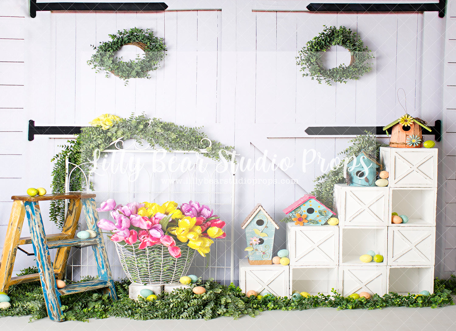 Tulips and Tweets 2 - Lilly Bear Studio Props, boho spring, bunny, bunny garden, bunny one, bunny trail, easter, easter backdrop, easter bunny, FABRICS, flower barn doors, flower garden, flower stand, some bunny is one, spring, spring camper, spring garden