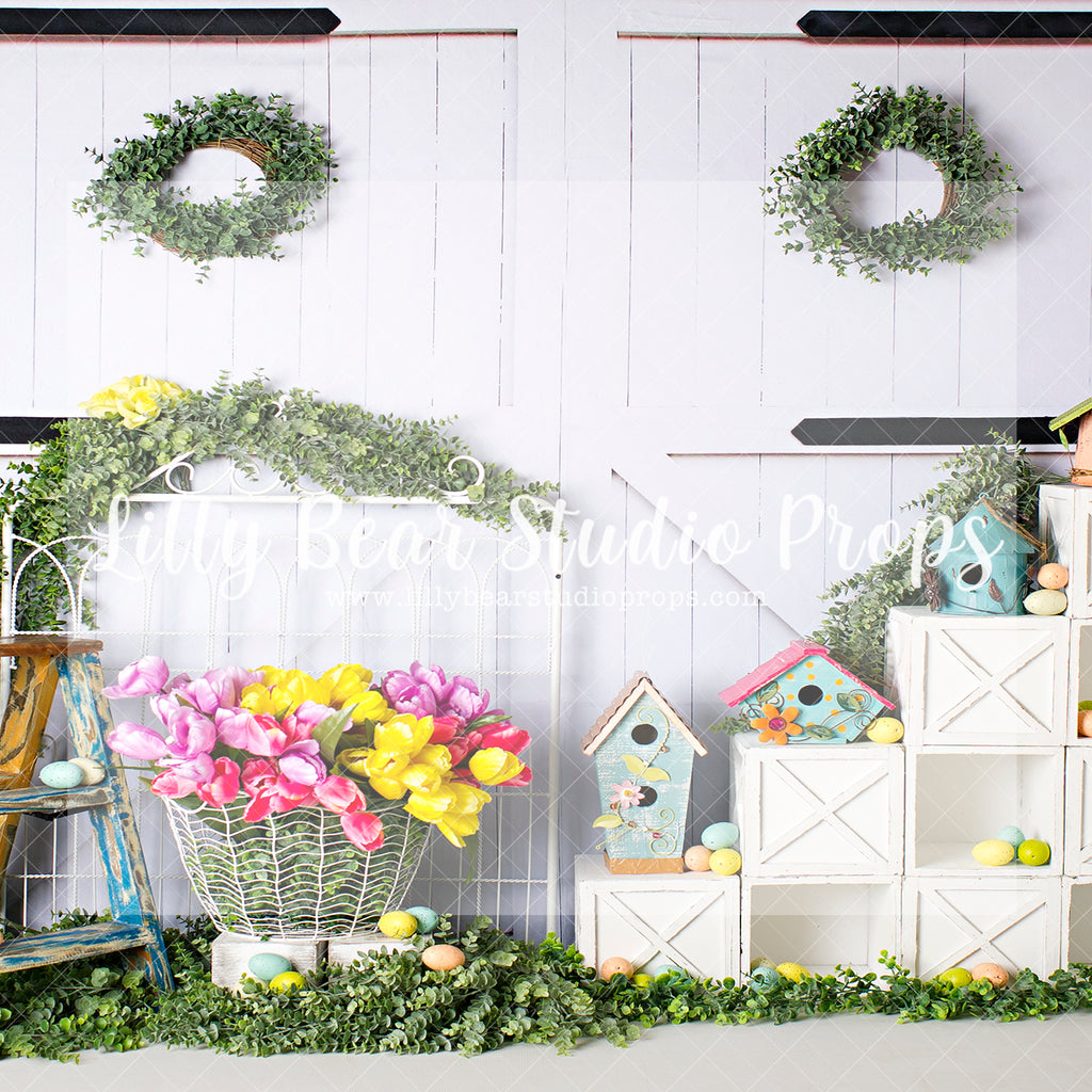 Tulips and Tweets 2 - Lilly Bear Studio Props, boho spring, bunny, bunny garden, bunny one, bunny trail, easter, easter backdrop, easter bunny, FABRICS, flower barn doors, flower garden, flower stand, some bunny is one, spring, spring camper, spring garden