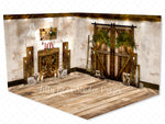 Tuscan Barn Christmas Room - Lilly Bear Studio Props, black fireplace, bohemian christmas, bohemian fireplace, bohemian mantel, boho, boho christmas, boho holiday, boho mantel, christmas, christmas mantel, christmas village, evergreen trees, evergreens, Fabric, fireplace, holiday, holiday christmas, mantel, Pampas, pine trees, white christmas, white holiday, Wrinkle Free Fabric