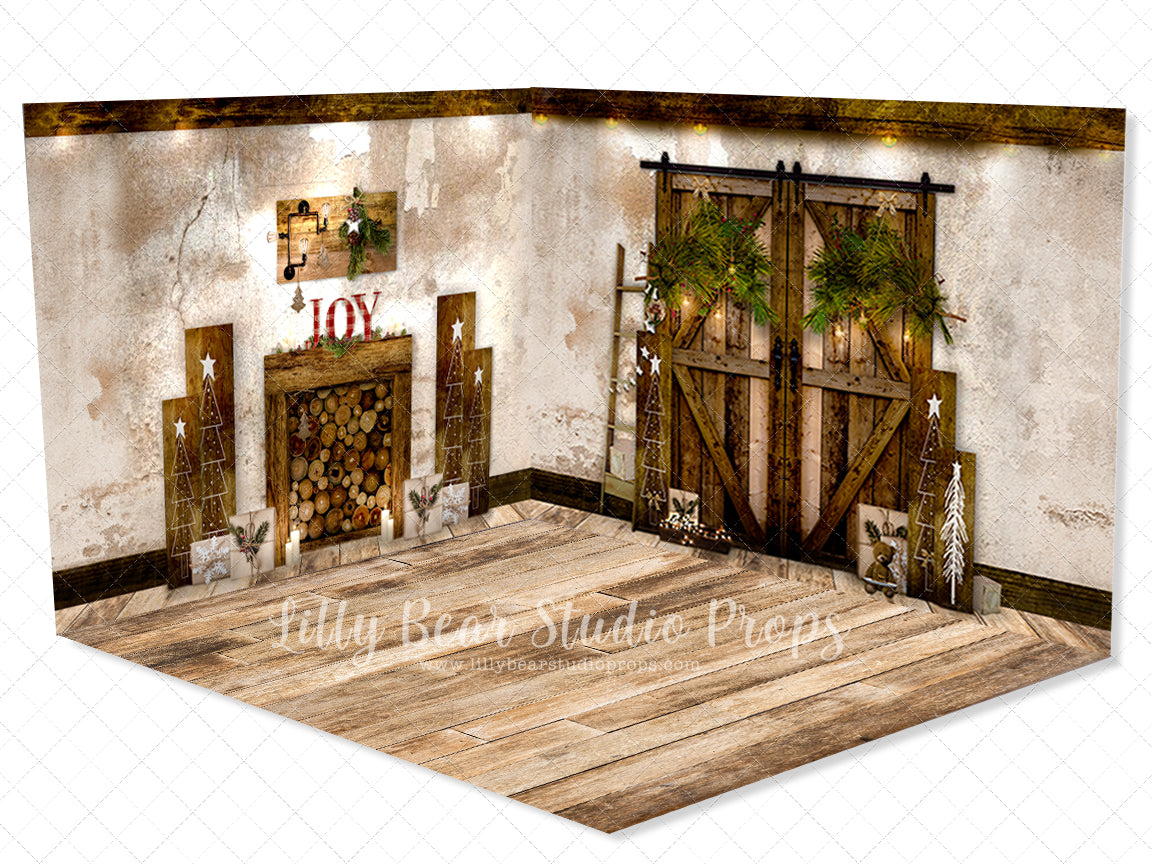 Tuscan Barn Christmas Room - Lilly Bear Studio Props, black fireplace, bohemian christmas, bohemian fireplace, bohemian mantel, boho, boho christmas, boho holiday, boho mantel, christmas, christmas mantel, christmas village, evergreen trees, evergreens, Fabric, fireplace, holiday, holiday christmas, mantel, Pampas, pine trees, white christmas, white holiday, Wrinkle Free Fabric