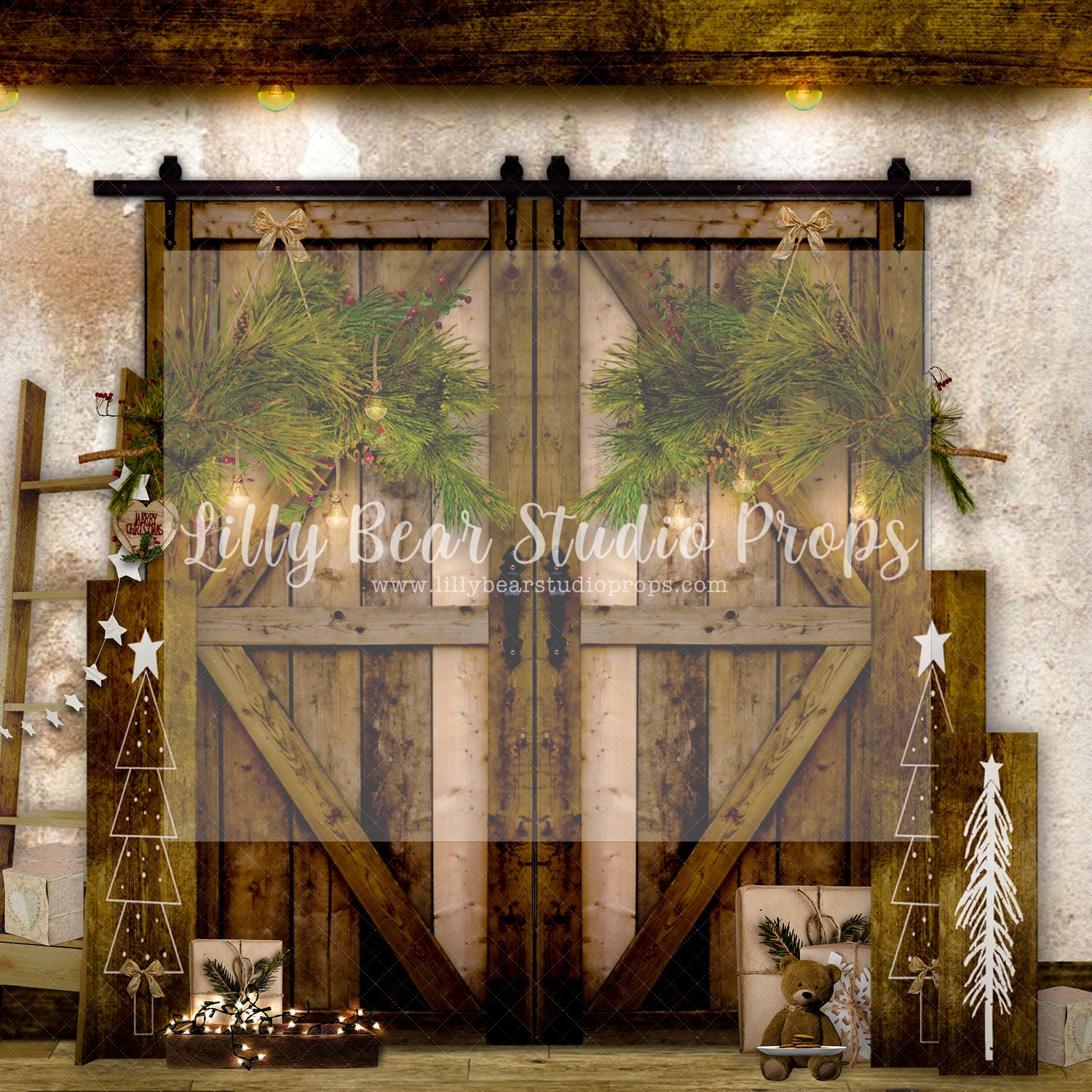 Tuscan Barn Door Christmas - Lilly Bear Studio Props, boho christmas fireplace, candles, candy cane, christmas, christmas fireplace, christmas snow, christmas train, christmas tree farm, Cozy, Decorated, Fabric, FABRICS, Festive, fireplace, Giving, Holiday, Holy, Hopeful, Joyful, lollipops, Merry, Peaceful, Peacful, Red & Green, santa, santa candy cane, Seasonal, train tracks, tree farm, white fireplace, winter, wreath, Xmas, Yuletide