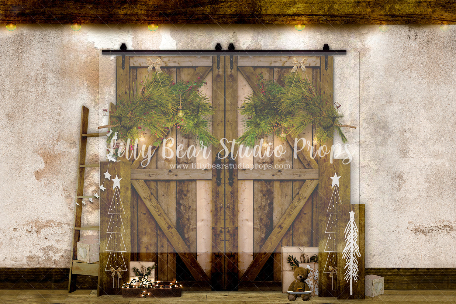 Tuscan Barn Door Christmas - Lilly Bear Studio Props, boho christmas fireplace, candles, candy cane, christmas, christmas fireplace, christmas snow, christmas train, christmas tree farm, Cozy, Decorated, Fabric, FABRICS, Festive, fireplace, Giving, Holiday, Holy, Hopeful, Joyful, lollipops, Merry, Peaceful, Peacful, Red & Green, santa, santa candy cane, Seasonal, train tracks, tree farm, white fireplace, winter, wreath, Xmas, Yuletide