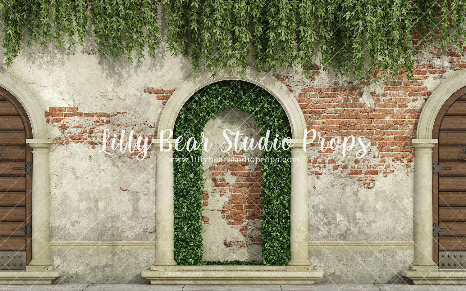 Tuscan Courtyard - Lilly Bear Studio Props, barn doors, barndoors, brick, Brick Wall, courtyard, cracked brick, cracked brick wall, distressed brick, door, door wall, doors, doorway, exposed brick, FABRICS, garden, garden entry, grunge brick, hanging vines, neutral brick, primary doors, rustic door, spring, spring archway, spring scandinavian, springtime, terrace, topiary trees, tree, vines, wood doors