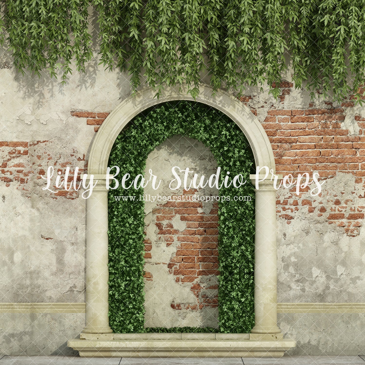 Tuscan Courtyard - Lilly Bear Studio Props, barn doors, barndoors, brick, Brick Wall, courtyard, cracked brick, cracked brick wall, distressed brick, door, door wall, doors, doorway, exposed brick, FABRICS, garden, garden entry, grunge brick, hanging vines, neutral brick, primary doors, rustic door, spring, spring archway, spring scandinavian, springtime, terrace, topiary trees, tree, vines, wood doors