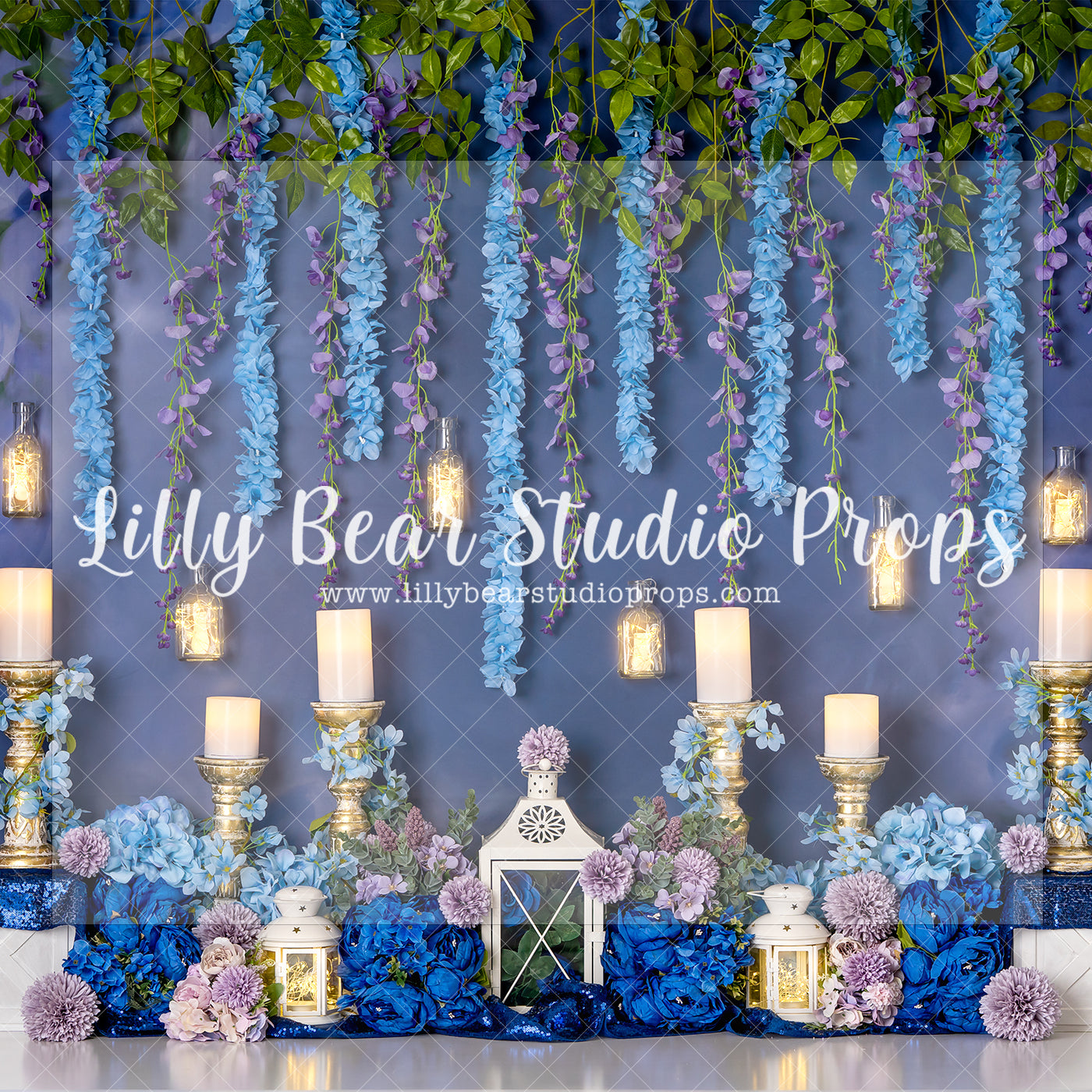 Twinkle Night Garden - Lilly Bear Studio Props, blue and purple, blue flowers, candles, fabric, fairy garden, fairy garden night, fine art, floral, floral garden, garden, garden flowers, garden garland, garden love, garden tea party, girls, hand painted, lanterns, magical fairy garden, magical garden, poly, pretty garden, purple flowers, spring garden, vinyl