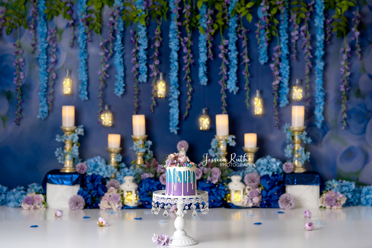 Twinkle Night Garden - Lilly Bear Studio Props, blue and purple, blue flowers, candles, fabric, fairy garden, fairy garden night, fine art, floral, floral garden, garden, garden flowers, garden garland, garden love, garden tea party, girls, hand painted, lanterns, magical fairy garden, magical garden, poly, pretty garden, purple flowers, spring garden, vinyl