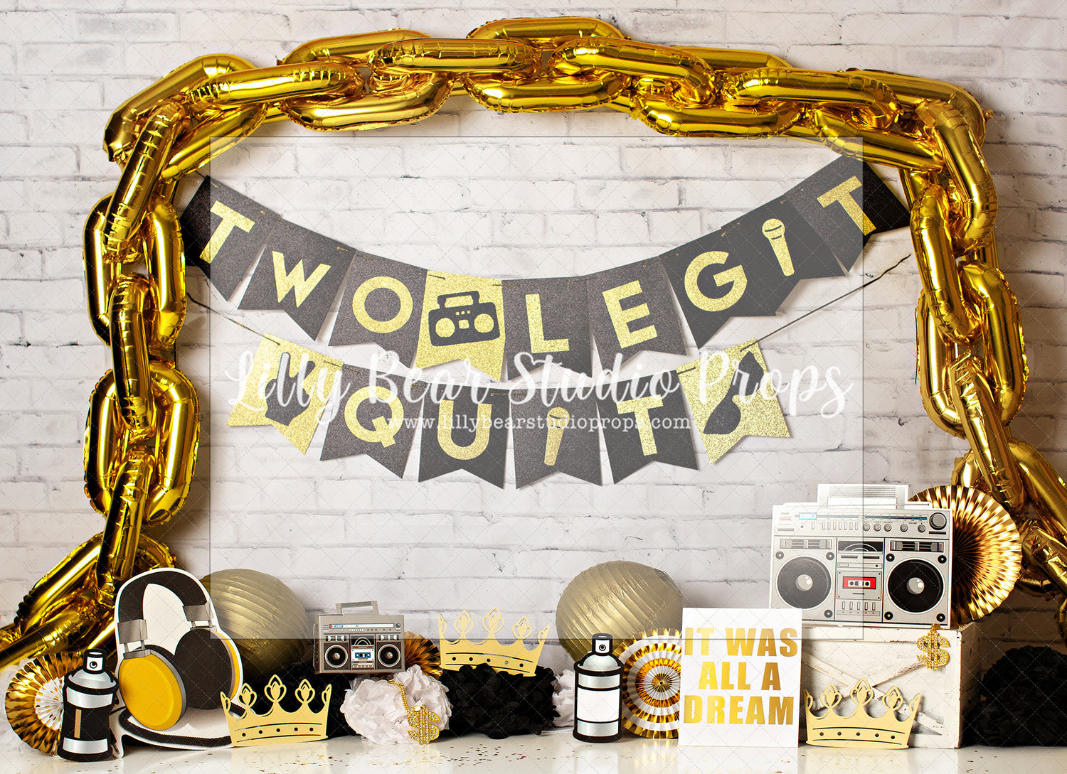 Two Leg it To Quit - Lilly Bear Studio Props, boom box, crown, FABRICS, gold chain, gold chain balloon, rap, rap city, rapper