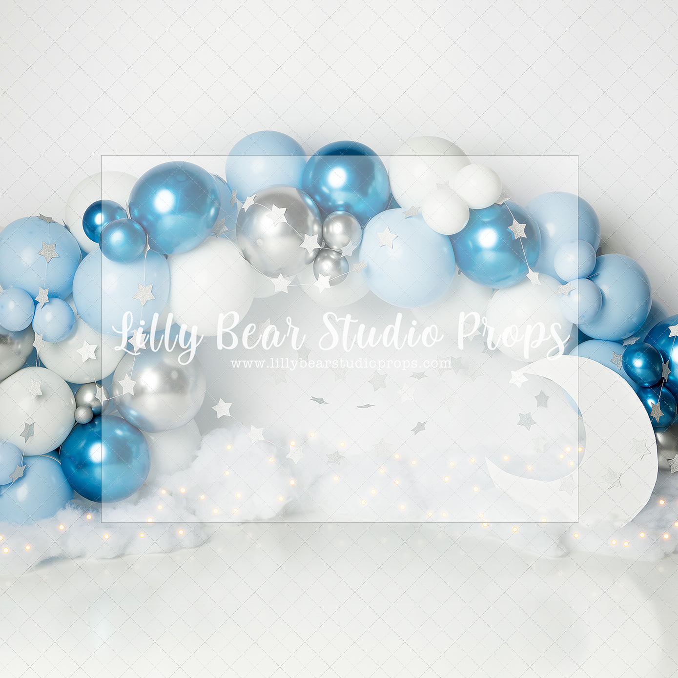Under the blue moon and stars by Angelica Knowland - Lilly Bear Studio Props, blue and silver, blue moon, Goodnight moon, half moon, moon, moon and clouds, moon and stars, moon balloon, moon stars and clouds, moonlight, moons, night moon, silver moon, silver white moon, star and moon, twinkle lights, twinkle little star, twinkle twinkle, twinkle twinkle little star
