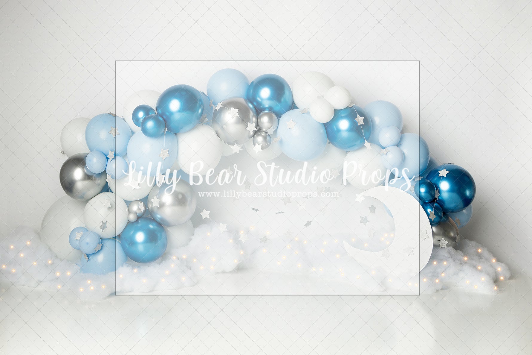 Under the blue moon and stars by Angelica Knowland - Lilly Bear Studio Props, blue and silver, blue moon, Goodnight moon, half moon, moon, moon and clouds, moon and stars, moon balloon, moon stars and clouds, moonlight, moons, night moon, silver moon, silver white moon, star and moon, twinkle lights, twinkle little star, twinkle twinkle, twinkle twinkle little star
