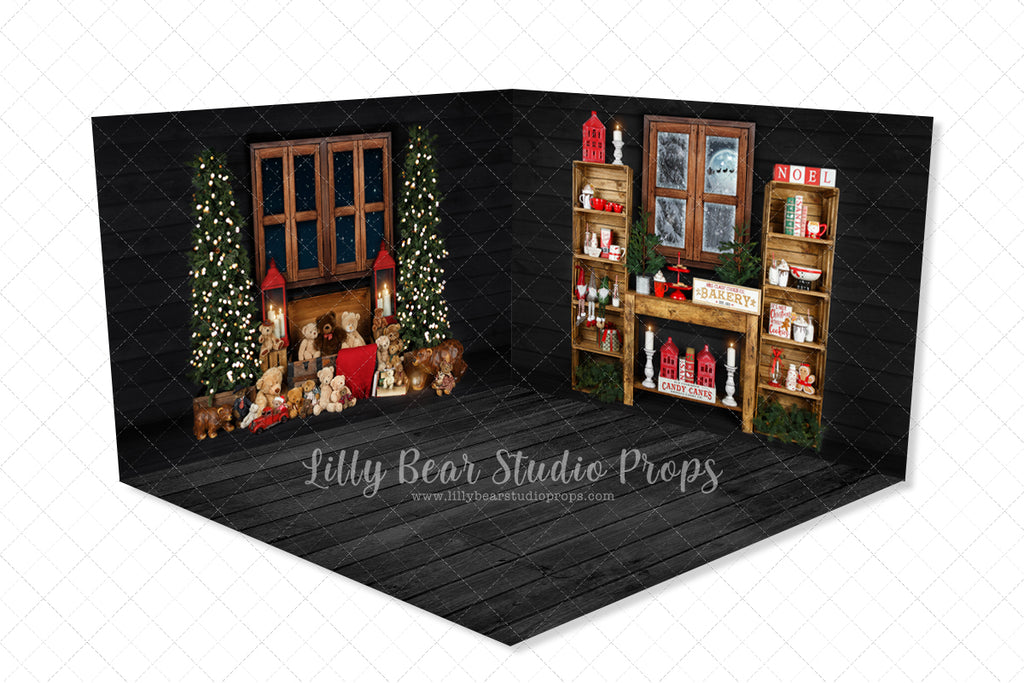 Very Beary Baking Room - Lilly Bear Studio Props, black fireplace, bohemian christmas, bohemian fireplace, bohemian mantel, boho, boho christmas, boho holiday, boho mantel, christmas, christmas mantel, christmas village, evergreen trees, evergreens, Fabric, fireplace, holiday, holiday christmas, mantel, Pampas, pine trees, white christmas, white holiday, Wrinkle Free Fabric