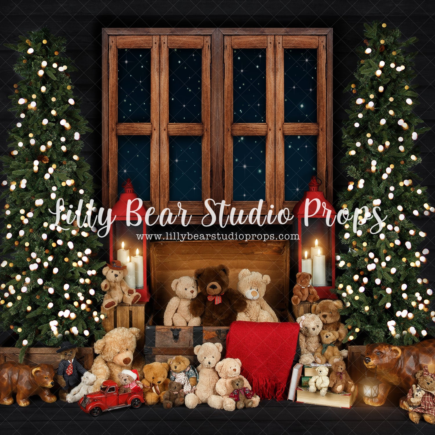 Very Beary Christmas - Lilly Bear Studio Props, arctic pines, bears, christmas, christmas teddy bears, christmas village, christmas window, evergreen trees, evergreens, holiday, holiday christmas, pine trees, red lanterns, santa window, silver winter, snow, snowflakes, snowy forest, snowy pine, snowy pine trees, snowy trees, star window, teddy, teddy bears, toy chest, toys, village, white christmas, white holiday, white winter, winter, winter christmas, winter diamond