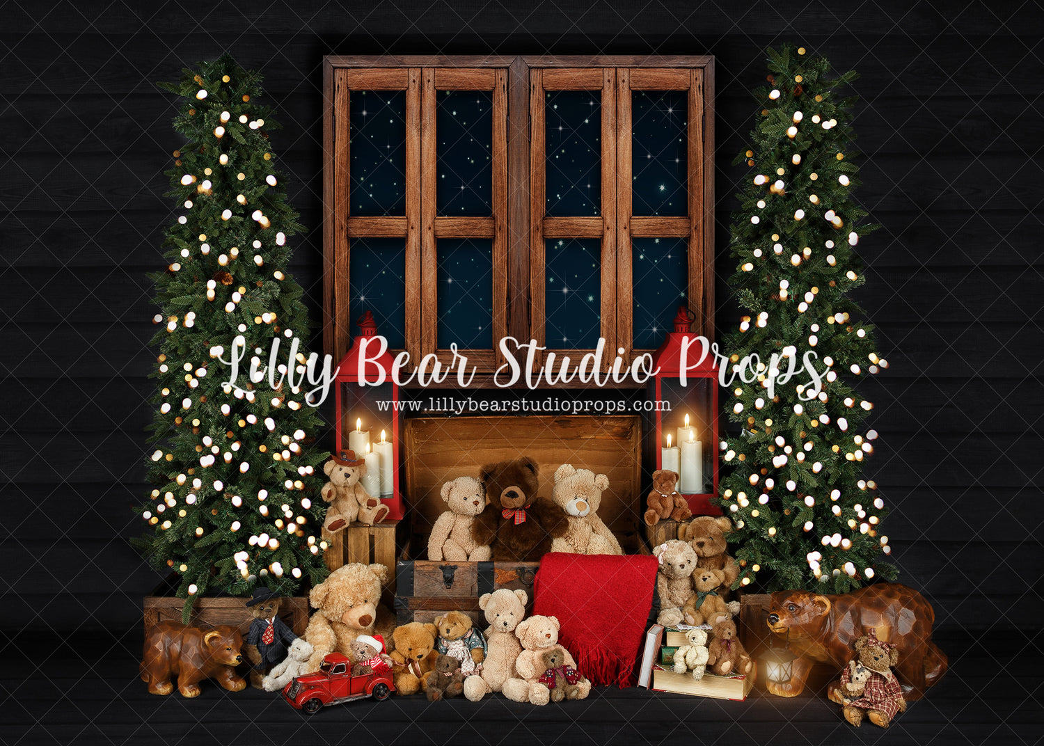 Very Beary Christmas - Lilly Bear Studio Props, arctic pines, bears, christmas, christmas teddy bears, christmas village, christmas window, evergreen trees, evergreens, holiday, holiday christmas, pine trees, red lanterns, santa window, silver winter, snow, snowflakes, snowy forest, snowy pine, snowy pine trees, snowy trees, star window, teddy, teddy bears, toy chest, toys, village, white christmas, white holiday, white winter, winter, winter christmas, winter diamond