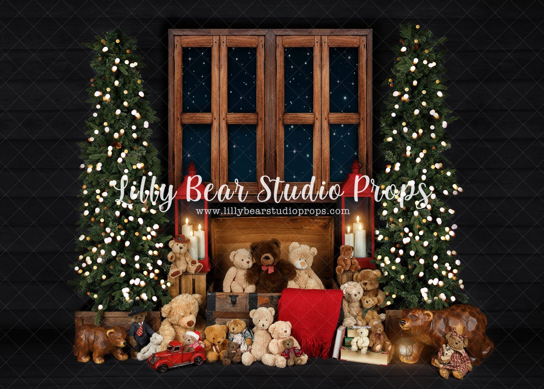 Very Beary Christmas - Lilly Bear Studio Props, arctic pines, bears, christmas, christmas teddy bears, christmas village, christmas window, evergreen trees, evergreens, holiday, holiday christmas, pine trees, red lanterns, santa window, silver winter, snow, snowflakes, snowy forest, snowy pine, snowy pine trees, snowy trees, star window, teddy, teddy bears, toy chest, toys, village, white christmas, white holiday, white winter, winter, winter christmas, winter diamond