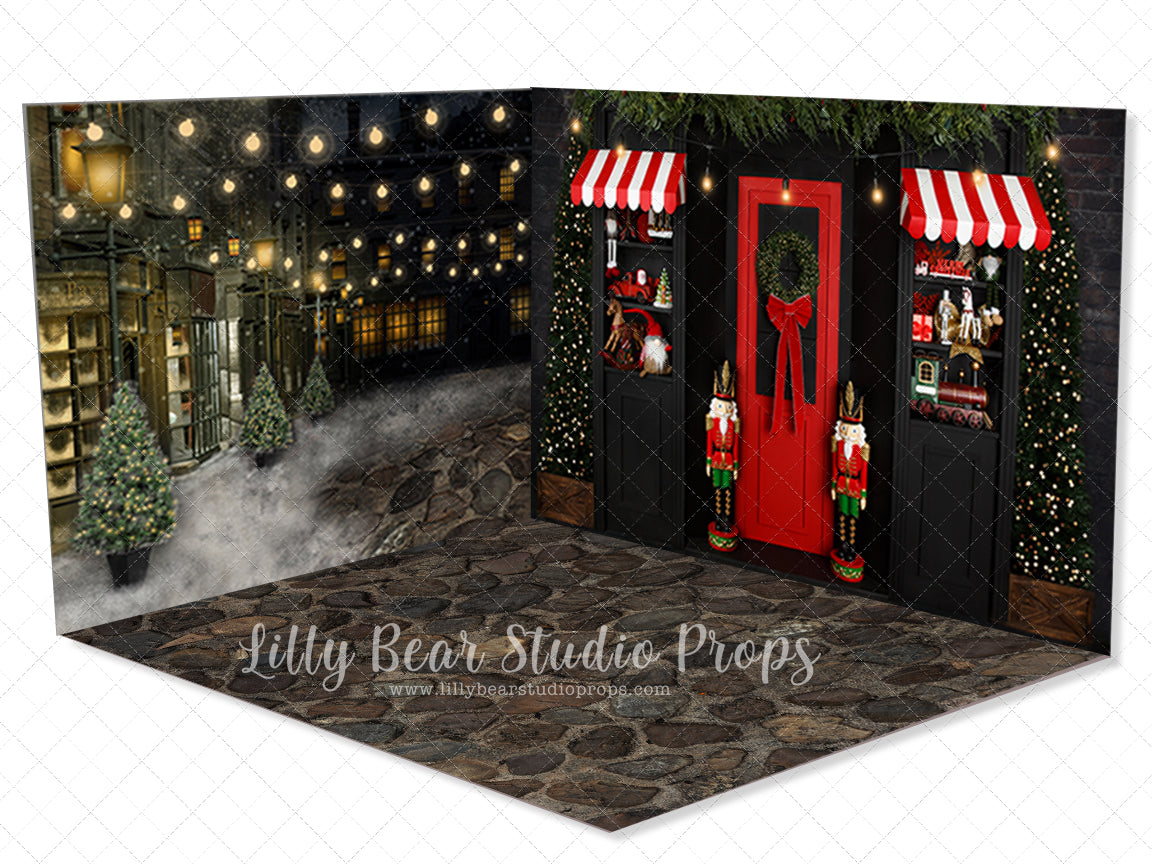 Victorian Christmas Street Room - Lilly Bear Studio Props, black fireplace, bohemian christmas, bohemian fireplace, bohemian mantel, boho, boho christmas, boho holiday, boho mantel, christmas, christmas mantel, christmas village, evergreen trees, evergreens, Fabric, fireplace, holiday, holiday christmas, mantel, Pampas, pine trees, white christmas, white holiday, Wrinkle Free Fabric