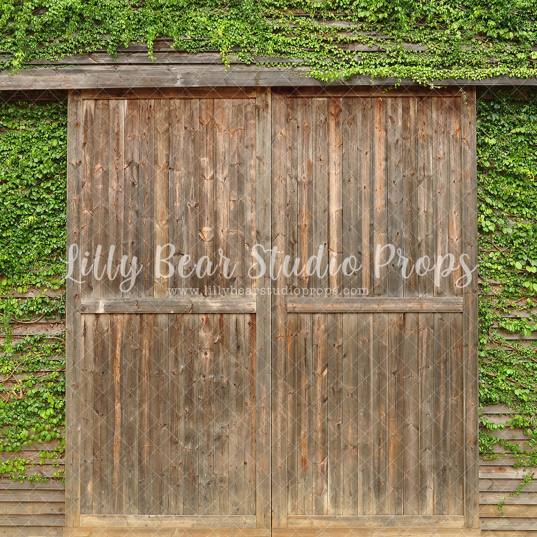Vine Doors - Lilly Bear Studio Props, barn doors, barndoors, brick, Brick Wall, courtyard, cracked brick, cracked brick wall, distressed brick, door, door wall, doors, doorway, exposed brick, FABRICS, garden, garden entry, grunge brick, hanging vines, leaves, rustic, rustic door, rustic doors, rustic wood, spring, spring archway, spring scandinavian, springtime, terrace, topiary trees, tree, vines, wall vines, wood doors