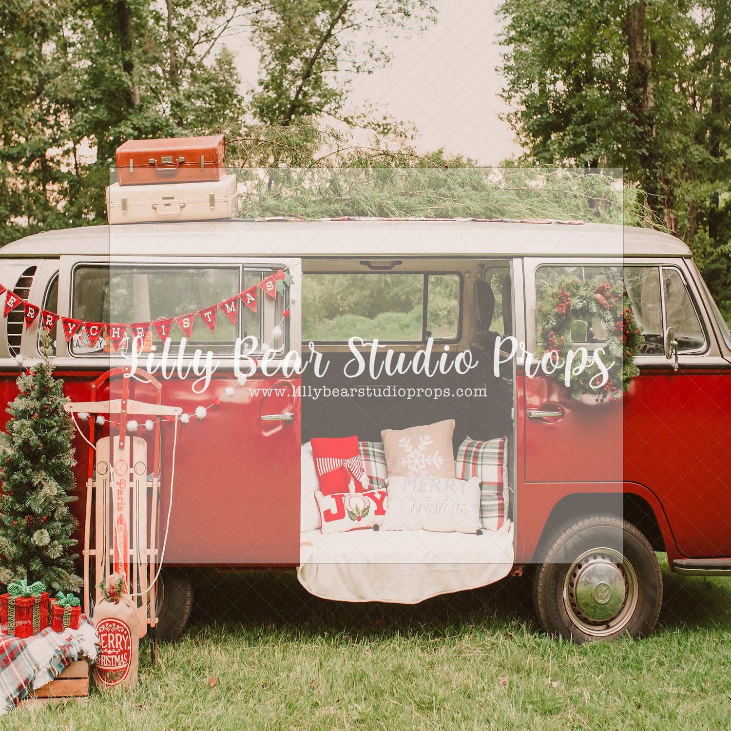 Vintage Christmas Bus - Lilly Bear Studio Props, christmas, Cozy, Decorated, Festive, Giving, Holiday, Holy, Hopeful, Joyful, Merry, Peaceful, Peacful, Red & Green, Seasonal, Winter, Xmas, Yuletide