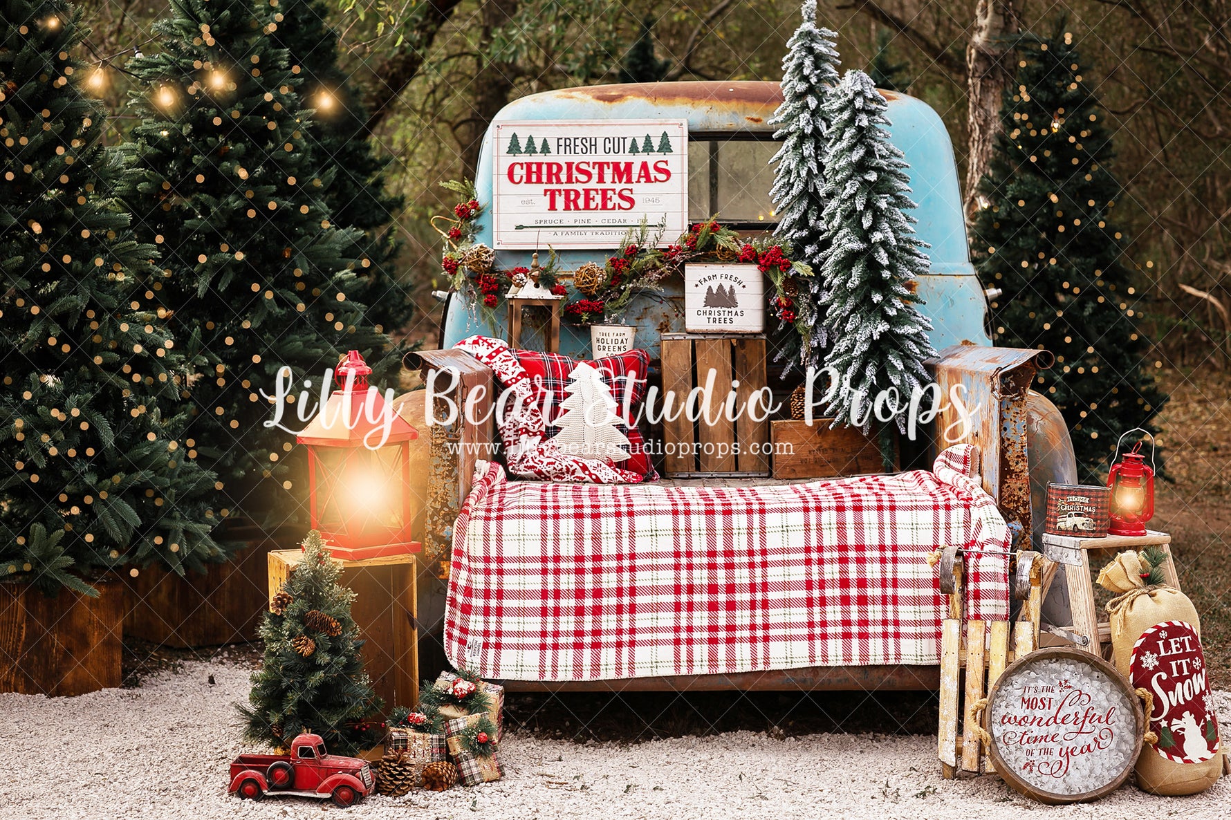 Vintage Christmas Truck - Lilly Bear Studio Props, christmas farm, christmas pickup, christmas tree, christmas tree farm, christmas trees, enchanted forest, Fabric, FABRICS, forest, lanterns, pickup truck, pine forest, pine tree, pine tree forest, pine trees, red pickup, tree farm, tree truck, wild
