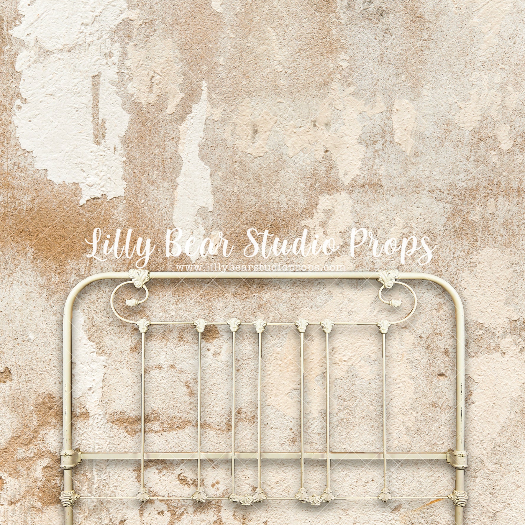 Vintage Iron Headboard on Tuscany - Lilly Bear Studio Props, boho christmas headboard, boho headboard, Fabric, FABRICS, fancy headboard, grunge, grunge brick, headboard, white headboard