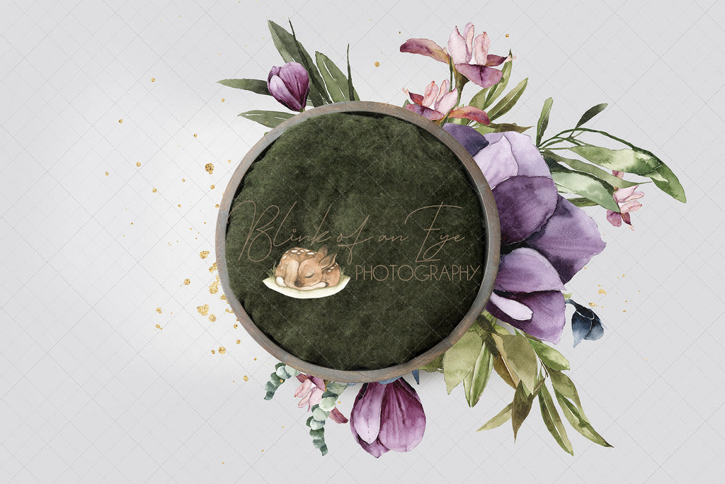 Violet Watercolour Bloom Digital Backdrop - Lilly Bear Studio Props, bowl, digital backdrop, gree, green moss, moss
