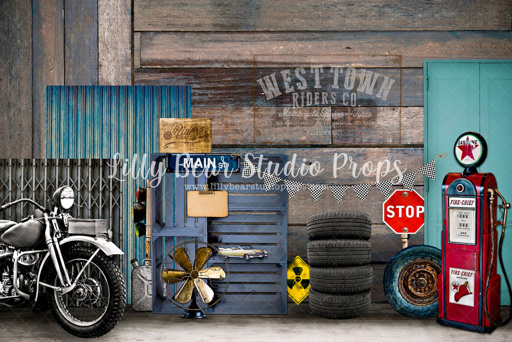 West Town Riders Co. - Lilly Bear Studio Props, barn, barn doors, barn wood, barn wood planks, barnwood, FABRICS, garage, gas, gas station, mechanic, motorcycle, rustic door, rustic metal, stop sign, street sign, tire, tires, vintage gas pump, wind mill, wood crate