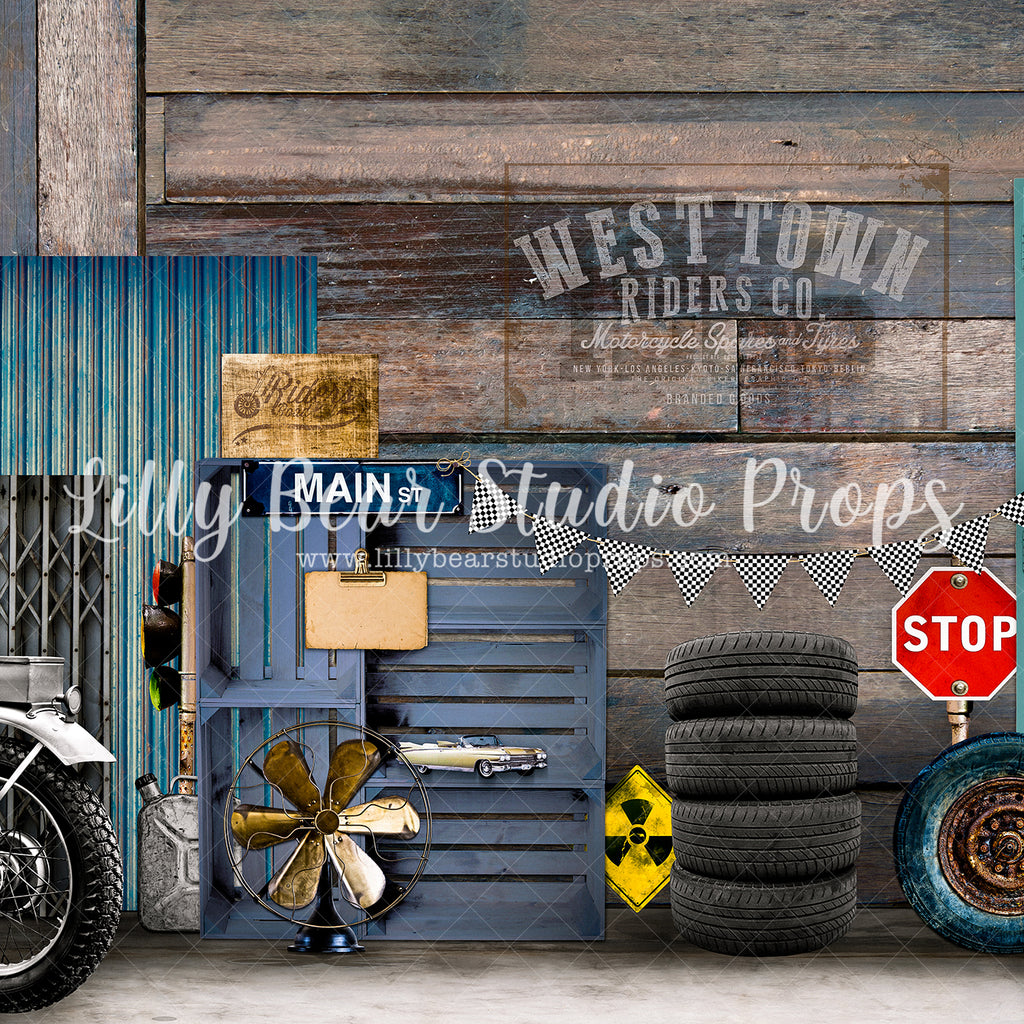 West Town Riders Co. - Lilly Bear Studio Props, barn, barn doors, barn wood, barn wood planks, barnwood, FABRICS, garage, gas, gas station, mechanic, motorcycle, rustic door, rustic metal, stop sign, street sign, tire, tires, vintage gas pump, wind mill, wood crate