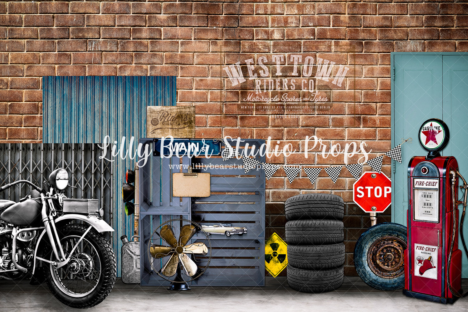 West Town Riders Brick Co. - Lilly Bear Studio Props, barn, barn doors, barn wood, barn wood planks, barnwood, brick, brick wall, cars, FABRICS, garage, gas, gas station, mechanic, motorcycle, rustic door, rustic metal, stop sign, street sign, tire, tires, vintage car, vintage gas pump, wind mill, wood crate