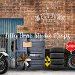 West Town Riders Brick Co. - Lilly Bear Studio Props, barn, barn doors, barn wood, barn wood planks, barnwood, brick, brick wall, cars, FABRICS, garage, gas, gas station, mechanic, motorcycle, rustic door, rustic metal, stop sign, street sign, tire, tires, vintage car, vintage gas pump, wind mill, wood crate