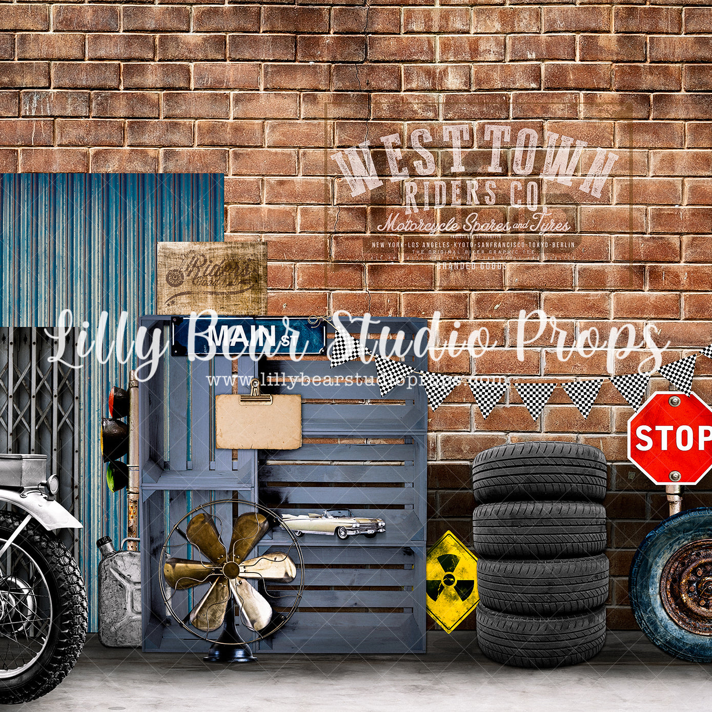 West Town Riders Brick Co. - Lilly Bear Studio Props, barn, barn doors, barn wood, barn wood planks, barnwood, brick, brick wall, cars, FABRICS, garage, gas, gas station, mechanic, motorcycle, rustic door, rustic metal, stop sign, street sign, tire, tires, vintage car, vintage gas pump, wind mill, wood crate