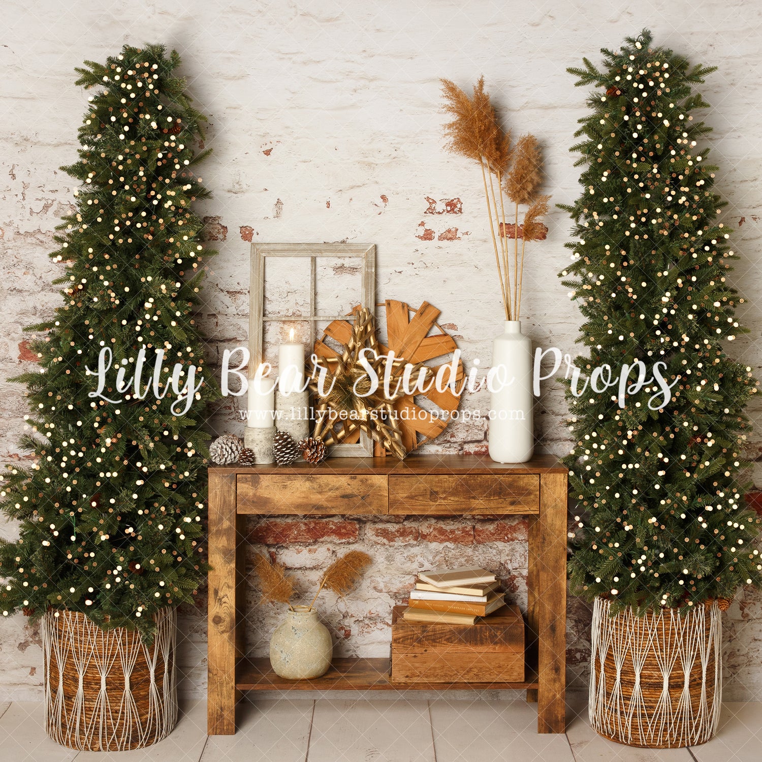 Warm Bohemian Christmas - Lilly Bear Studio Props, bohemian christmas, boho christmas, boho christmas fireplace, boho christmas tree, boho christmas window, boho fireplace, boho garland, christmas, evergreen trees, evergreens, holiday, holiday christmas, pampas, white christmas