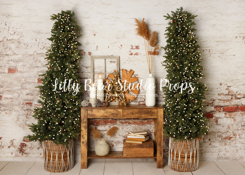 Warm Bohemian Christmas - Lilly Bear Studio Props, bohemian christmas, boho christmas, boho christmas fireplace, boho christmas tree, boho christmas window, boho fireplace, boho garland, christmas, evergreen trees, evergreens, holiday, holiday christmas, pampas, white christmas