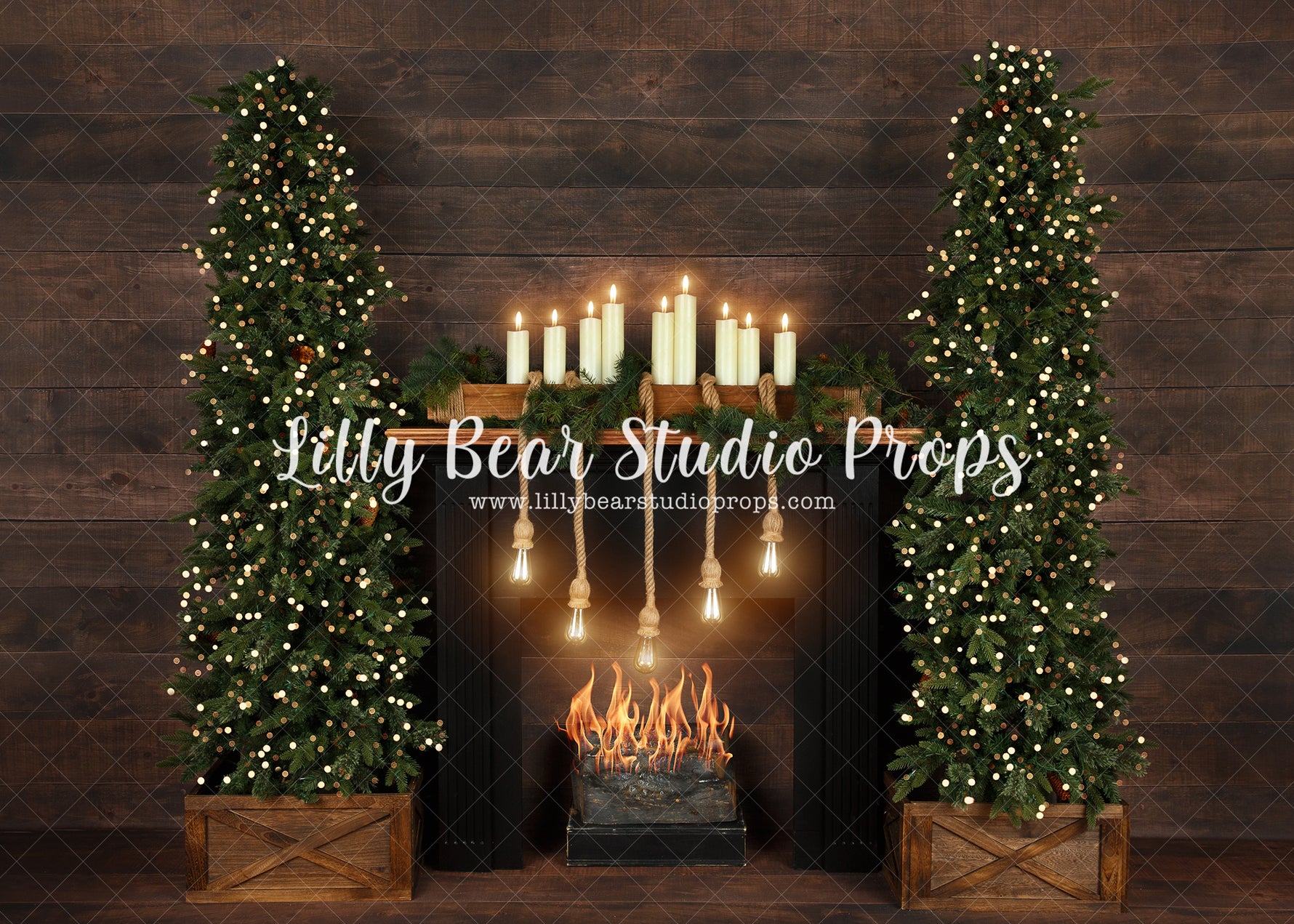 Starlight Cozy Christmas Room - Lilly Bear Studio Props, black fireplace, bohemian christmas, bohemian fireplace, bohemian mantel, boho, boho christmas, boho holiday, boho mantel, christmas, christmas mantel, christmas village, evergreen trees, evergreens, Fabric, fireplace, holiday, holiday christmas, mantel, Pampas, pine trees, white christmas, white holiday, Wrinkle Free Fabric