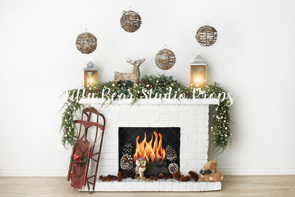 Warm Fireplace - Lilly Bear Studio Props, boho fireplace, boho fireplaced, christmas fireplace, christmas garland, christmas mantel, deer, fire, fireplace, garland, holiday fireplace, lanterns, mantel, sled, white fireplace, white mantel, winter