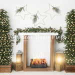 Warm Starry Mantle - Lilly Bear Studio Props, bohemian fireplace, boho fireplace, boho fireplaced, christmas fireplace, christmas garland, christmas mantel, christmas tree, christmas trees, fireplace, garland, holiday christmas, holiday fireplace, lanterns, mantel, simple fireplace, stars, trees, white mantel, winter